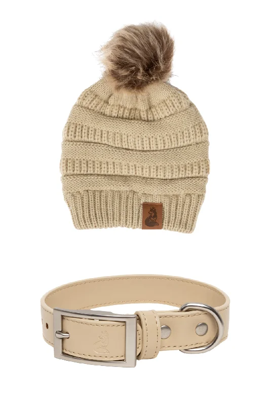 Beanies & headbands for every age-Beige Knit Hat with Pom and Vegan Leather Dog Collar Matching Set