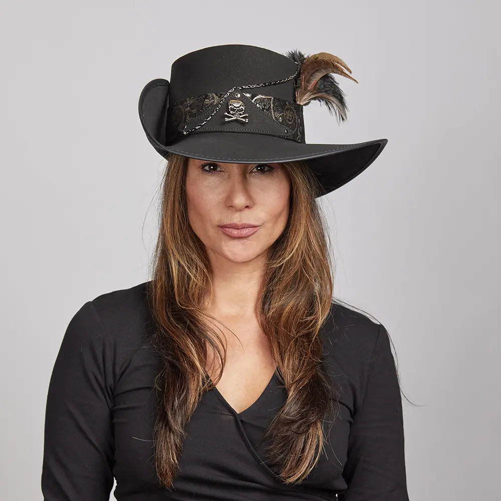 Womens Hats with low edges-Hook | Womens Black Suede Leather Cavalier Hat