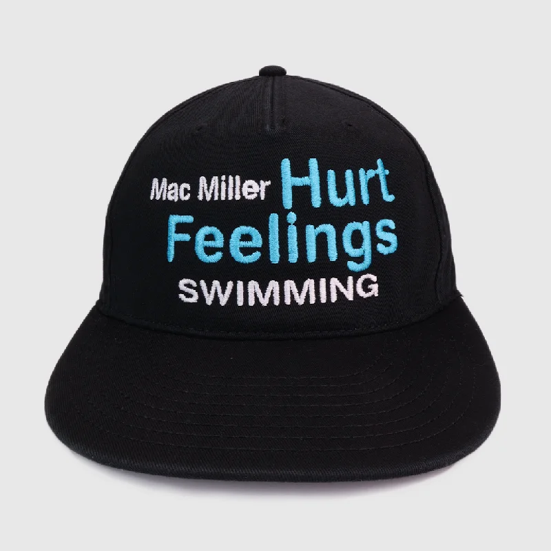 Beanies & headbands for every decade-Mac Miller Hurt Feelings Swimming CUSTOM EMBROIDERED Black STRAPBACK CAP HAT