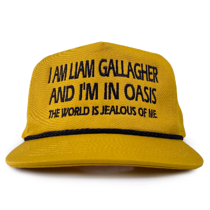 Beanies & headbands for holiday cheer-I AM LIAM GALLAGHER AND I'M IN OASIS THE WORLD IS JEALOUS OF ME Yellow SnapBack with Black Rope Custom Embroidered Cap Hat