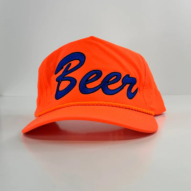 Beanies & headbands for arid zones-Beer on a neon orange SnapBack hat cap with rope Collab rowdy Roger custom embroidery