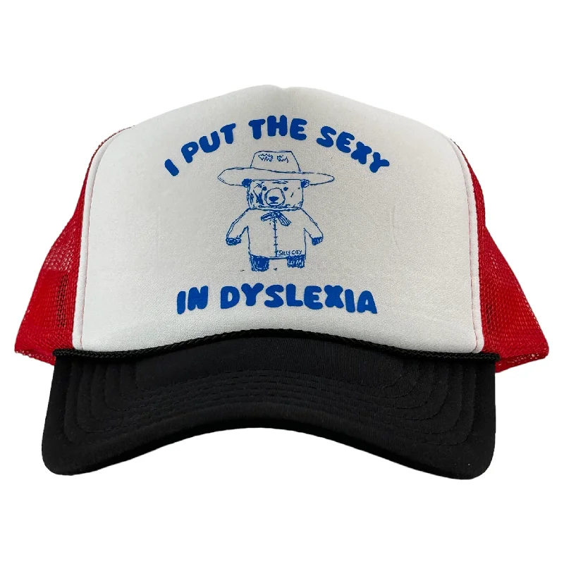 Beanies & headbands for navy tones-I put the sexy in dyslexia custom print on a red white and blue trucker mesh SnapBack hat cap ￼