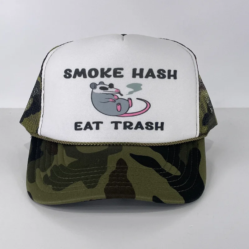 Beanies & headbands for pink accents-Smoke Hash Eat Trash ￼possum Custom Printed Mesh Trucker Camo SnapBack