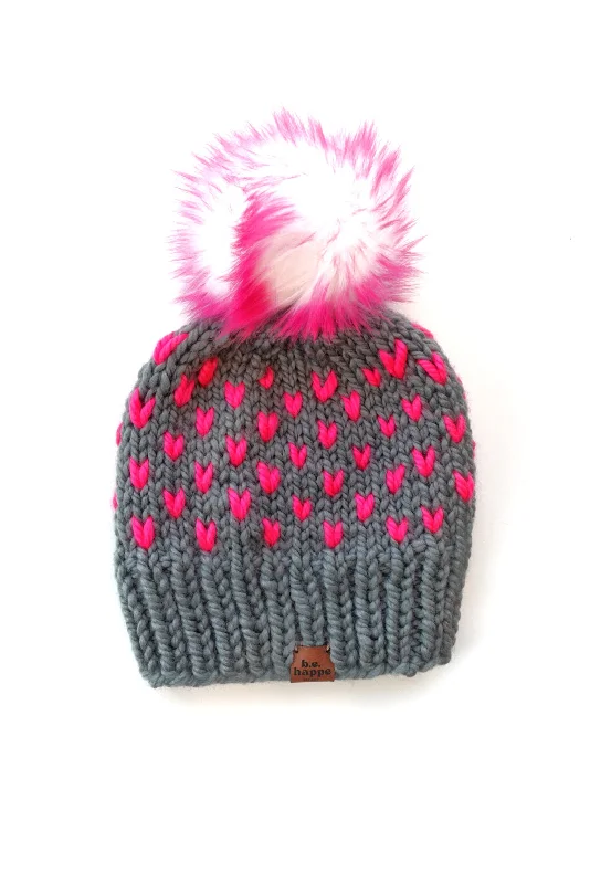 Beanies & headbands for loud lives-Wholesale All Sizes Happe Hearts | Slate + Hot Pink