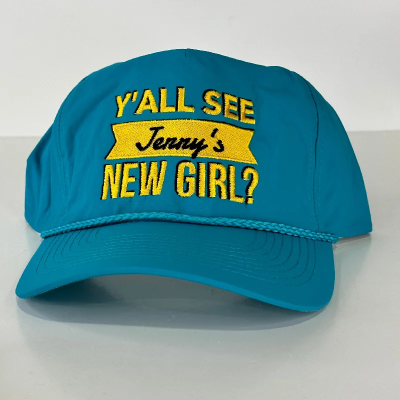 Beanies & headbands for roller rinks-YALL SEE Jenny’s NEW GIRL Neon Teal SnapBack Cap Hat Custom Embroidered Collab Justin Stagner Southern Grandpa