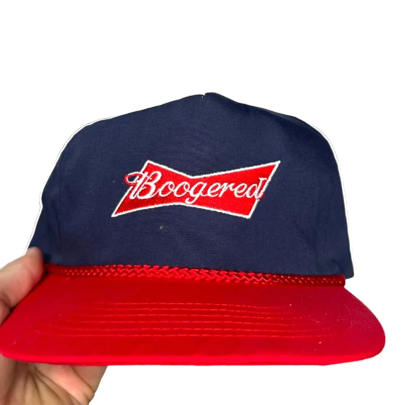 Beanies & headbands for ribbed knits-Boogered on a Vintage Red and Blue Zipback Hat Cap Custom Embroidery