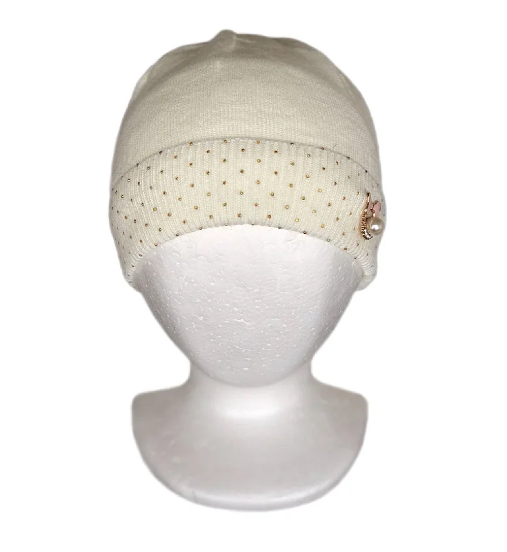 Beanies & headbands for extra flair-White Spring Winter Knitted Hat with Gold Crystals