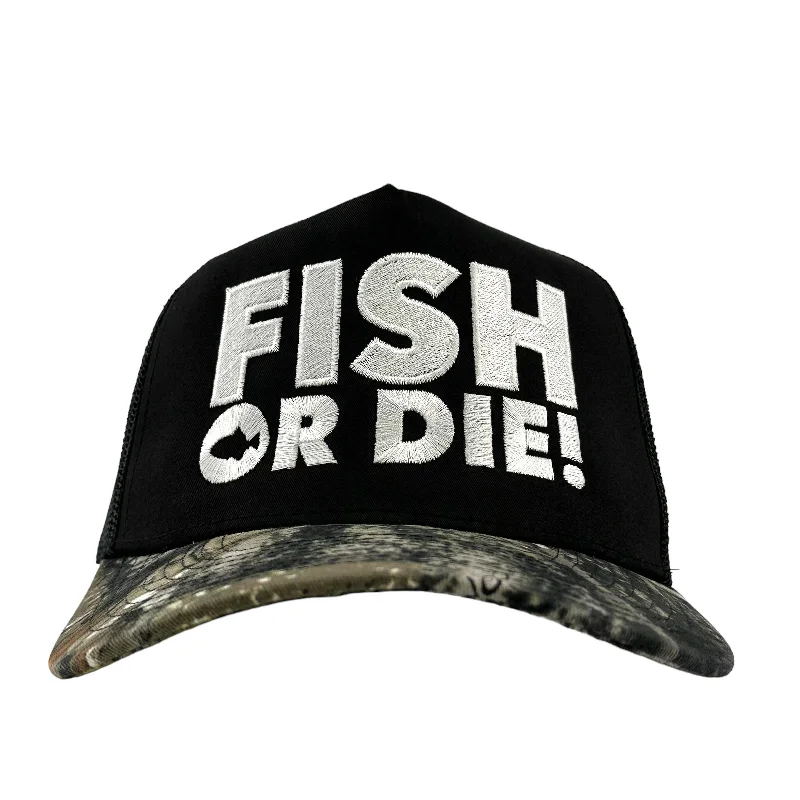 Beanies & headbands for turban looks-FISH OR DIE Black Mesh CAMO Trucker Cap Hat Custom Embroidered