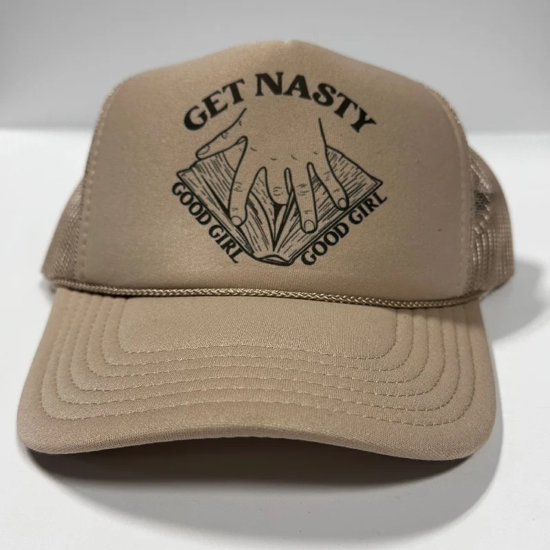 Beanies & headbands for weekday wear-GET NASTY GOOD GIRL Inappropriate FUNNY Tan Mesh Trucker Hat SnapBack Cap Custom Printed