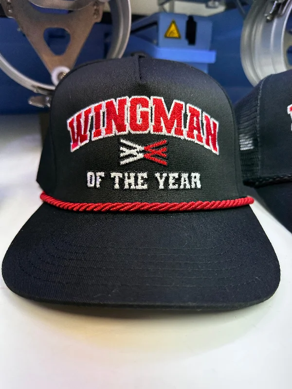 Beanies & headbands for each day-Wingman of the year on a black SnapBack Hat Cap with Red Rope Collab Wingman of the year Wotyofficial Custom Embroidery