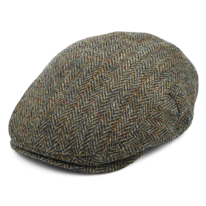 Beanies & headbands for artists-Harris Tweed Herringbone Lundale Flat Cap - Olive-Brown