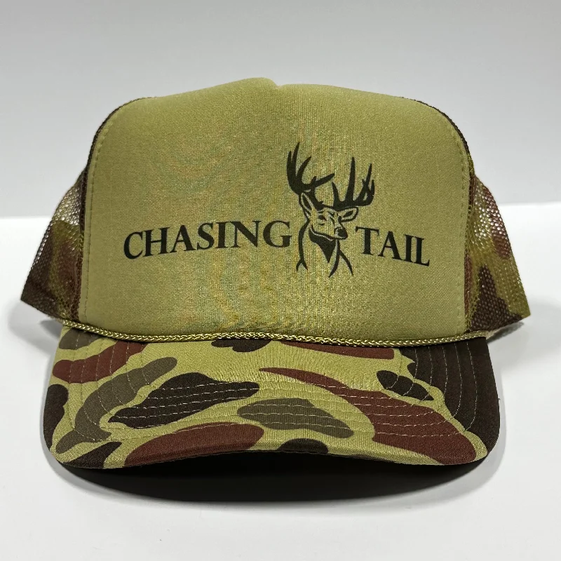 Beanies & headbands for old-school-Chasing Tail Deer Hunting Green Camo Curve Bill Mesh Trucker SnapBack Cap Funny Hunting Hat Custom Printed