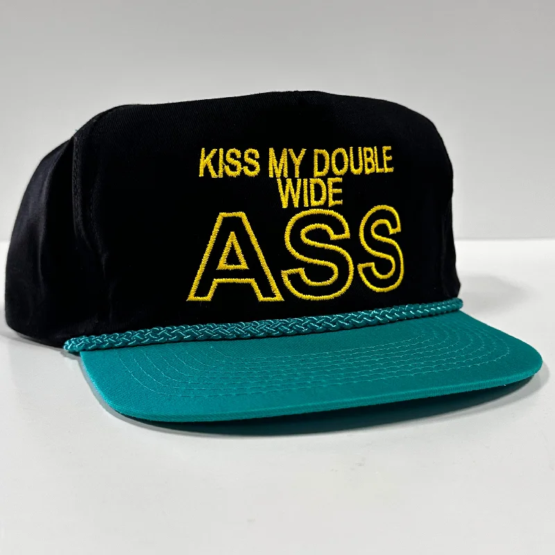 Beanies & headbands for purple vibes-Kiss My Double Wide Ass on a Vintage Black Crown Teal Brim with Rope SnapBack Hat Cap Custom Embroidery Chris Chapman