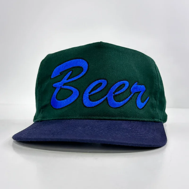 Beanies & headbands for icy climates-Beer on a green crown navy brim Strapback hat cap Collab rowdy Roger custom embroidery