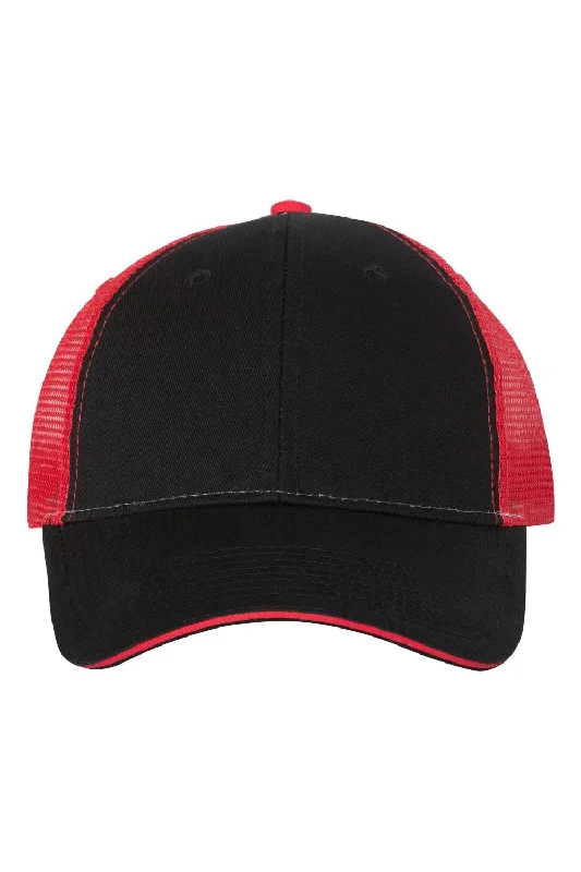 Mens hats for river fishing-Mens hats with breathable fabric-Valucap Mens Sandwich Bill Adjustable Trucker Hat - Black/Red