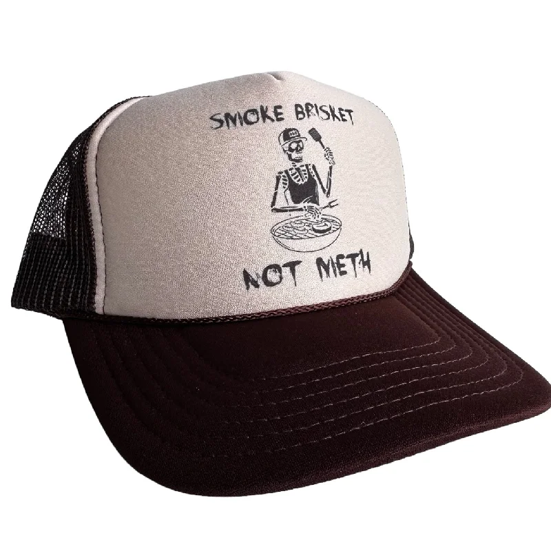 Beanies & headbands for head coverage-Smoke Brisket Not Meth Brown Funny Trucker Mesh SnapBack Cap Hat Custom Printed