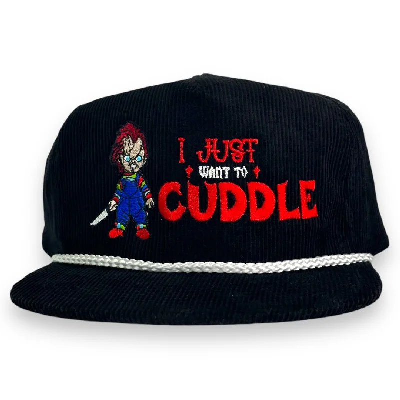 Beanies & headbands for family wear-I JUST WANT TO CUDDLE Halloween SnapBack Rope Cordaroy Cap Hat Custom Embroidered