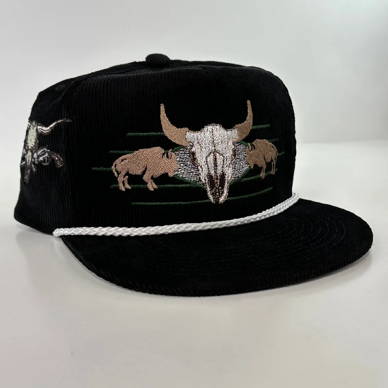 Beanies & headbands for music lovers-￼ Buffalo & Cow Skull Rope black corduroy SNAPBACK Cap HAT Custom Embroidered