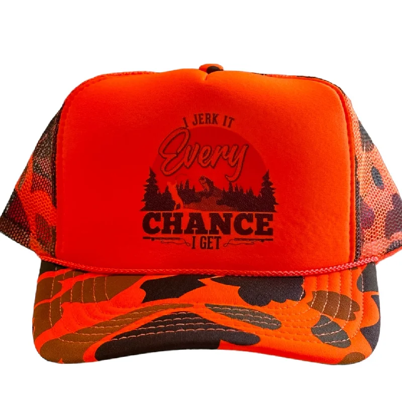 Beanies & headbands for evening walks-I JERK IT EVERY CHANCE I GET Funny Fishing Orange CAMO SnapBack Mesh Trucker Cap Hat Custom Printed