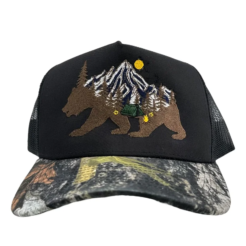 Beanies & headbands for cosplay fun-Bear mountain on a black crown black mesh camo brim custom embroidery