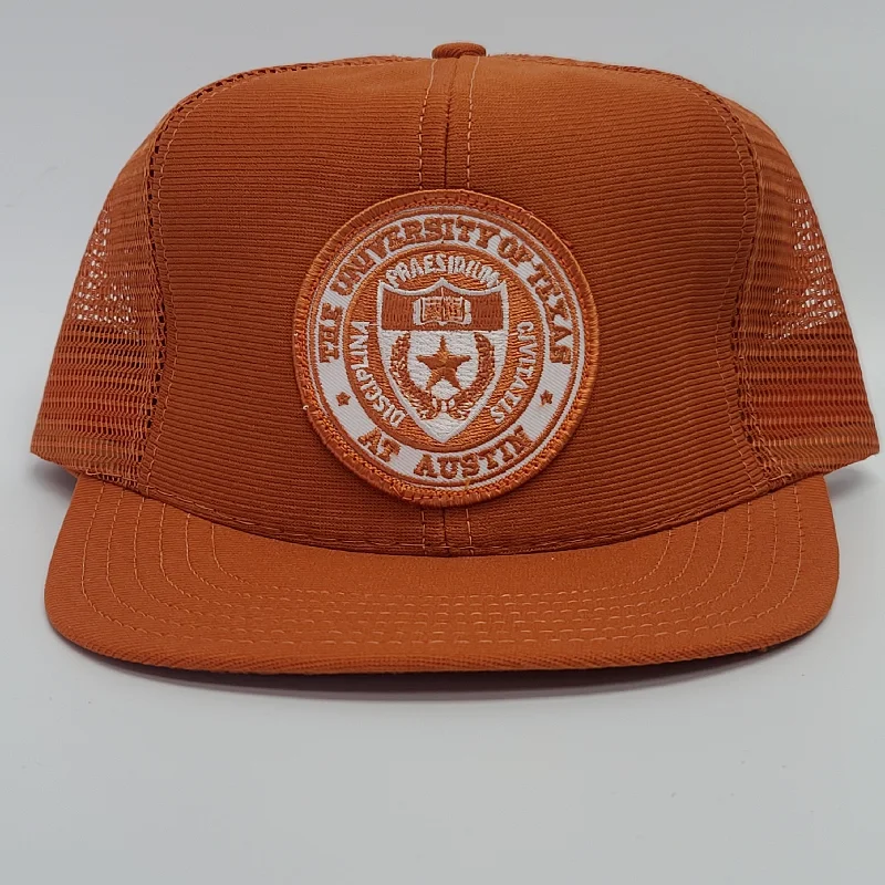 Beanies & headbands for indoor comfort-Custom The University Of Texas At Austin Burnt Orange Vintage Patch Mesh Snapback With Mid Crown And Flat Brim Cap Hat (Ready To Ship)