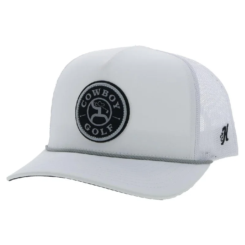 Beanies & headbands for short fits-"Cowboy Golf" White Hat w/ Round Patch