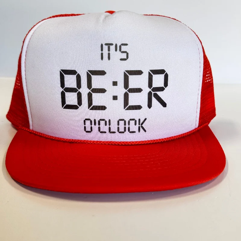 Beanies & headbands for busy lives-Its Beer O’clock on a Vintage Orange Mesh Trucker Snapback Hat Cap Funny Custom Printed