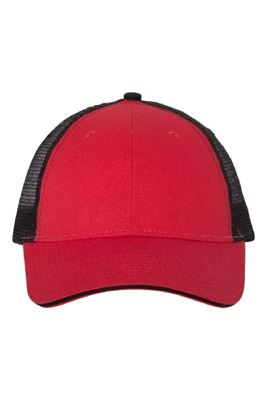 Mens hats with lawn weave-Mens hats with thin brim-Valucap Mens Sandwich Bill Adjustable Trucker Hat - Red/Black