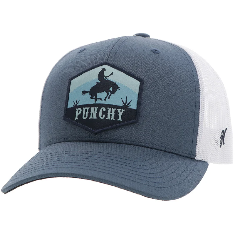 Beanies & headbands for straight styles-"Ranchero" Punchy Hat Blue/White w/Black & Blue Patch