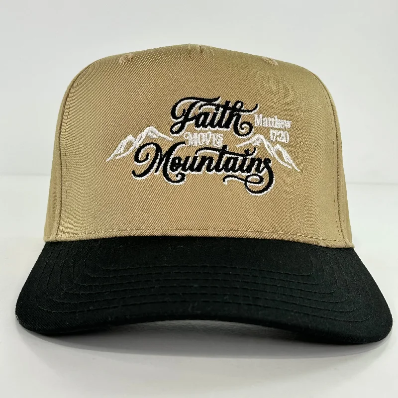 Beanies & headbands for icy climates-Faith Moves Mountains Matthew 17 20 Tan SnapBack Hat Cap Custom Embroidered