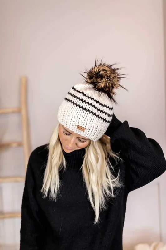 Beanies & headbands for party vibes-Adult Stripe Knit Pom Hat | Off White + Obsidian Black