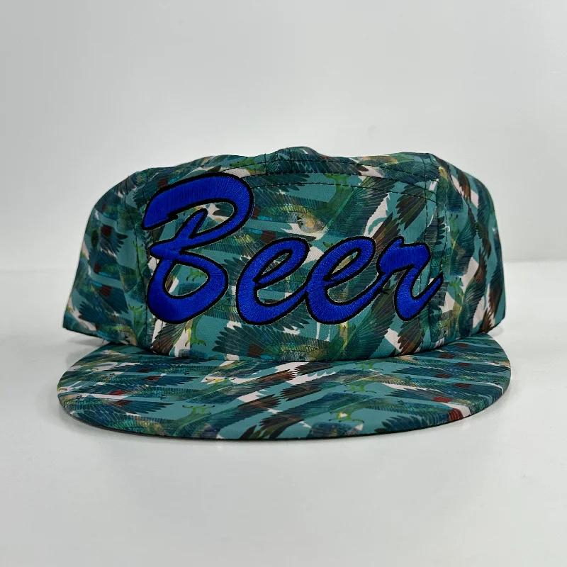 Beanies & headbands for guys-Beer on a 5 panel feathered SnapBack hat cap Collab Rowdy Roger Custom embroidery