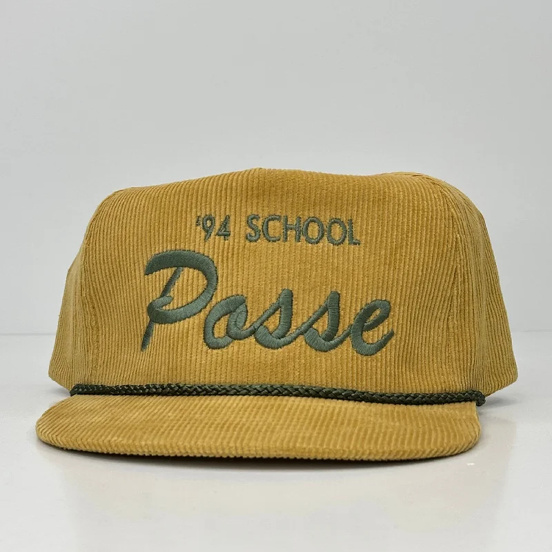 Beanies & headbands for no itch-94 School Posse on a Mustard Yellow Corduroy with Rope Custom Embroidery