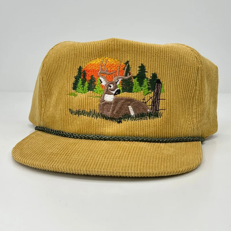 Beanies & headbands for head cover-Deer Scene Rope Mustard Cordaroy Snapback Cap Hat Deer Hunting Custom Embroidered