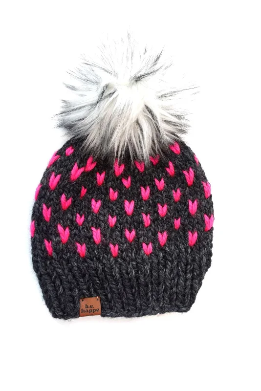 Beanies & headbands for warm souls-0-3 month Baby Happe Hearts Pom Hat | Charcoal  Gray + Hot Pink