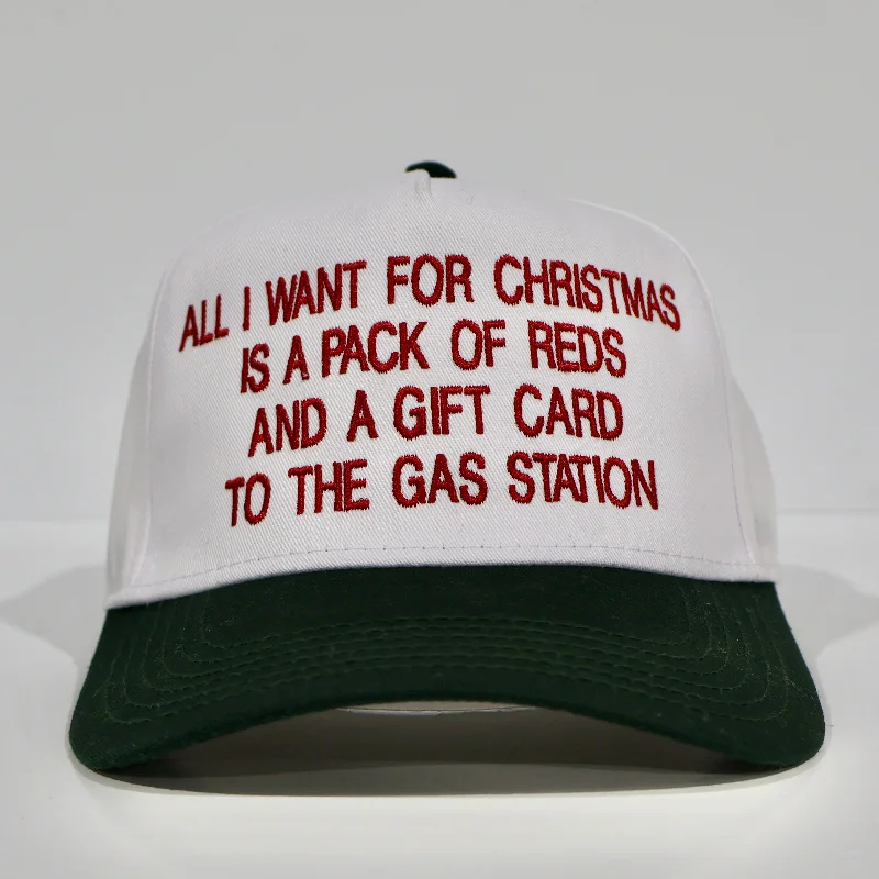 Beanies & headbands for help days-All I Want For Christmas Is A Pack Of Reds And A Gift Card To The Gas Station custom embroidered white/green SnapBack