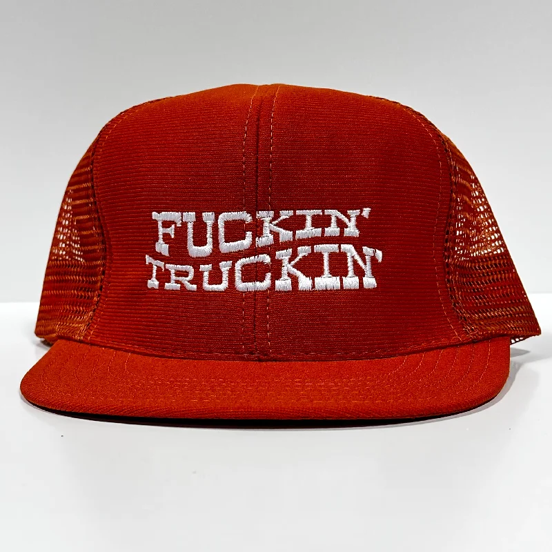 Beanies & headbands for pony tails-Fn Truckin white on Vintage Burnt Orange Mesh Trucker Snapback Hat Cap Custom Embroidery