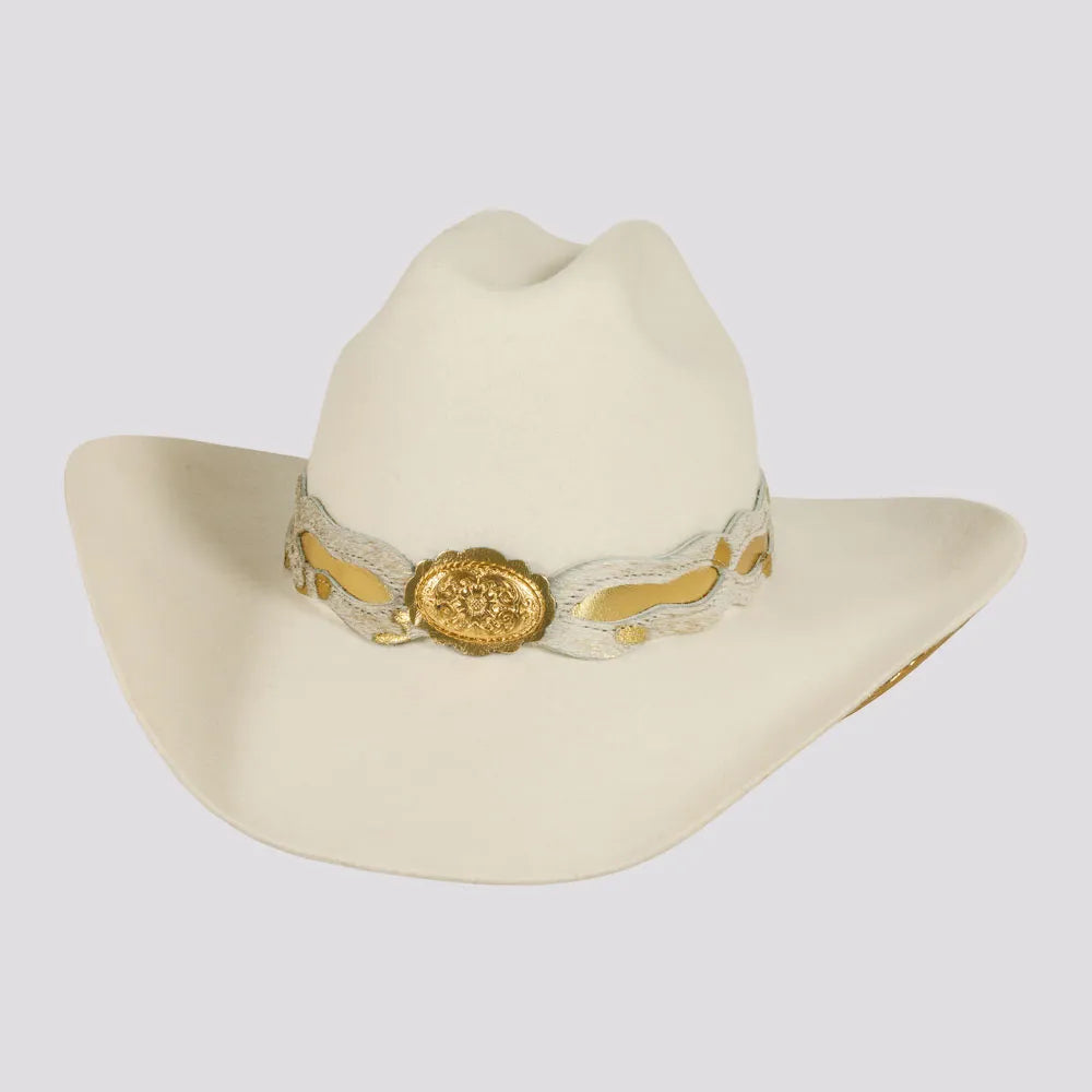 Womens Hats with ruffled trim-Lizzie | Womens White Felt Cattleman Cowgirl Hat with Gold Feathers and Concho