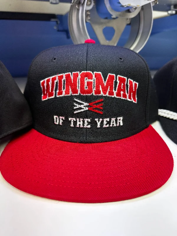 Beanies & headbands for warm souls-Wingman of the year on a black crown red brim SnapBack Hat Cap Collab Wingman of the year Wotyofficial Custom Embroidery