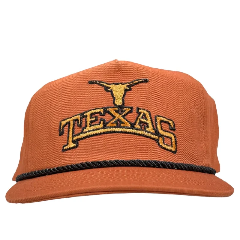 Beanies & headbands for spare sets-Longhorn vintage patch sewn on a Texas orange SnapBack hat cap with rope