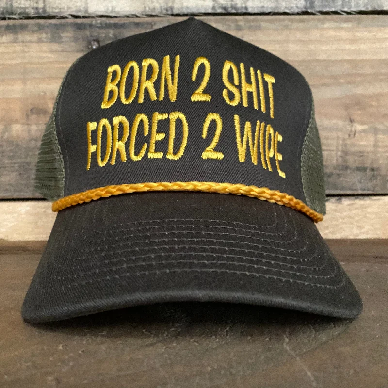 Beanies & headbands for social stars-Born 2 Shit Forced 2 wipe Vintage Rope mesh Snapback hat cap custom embroidery