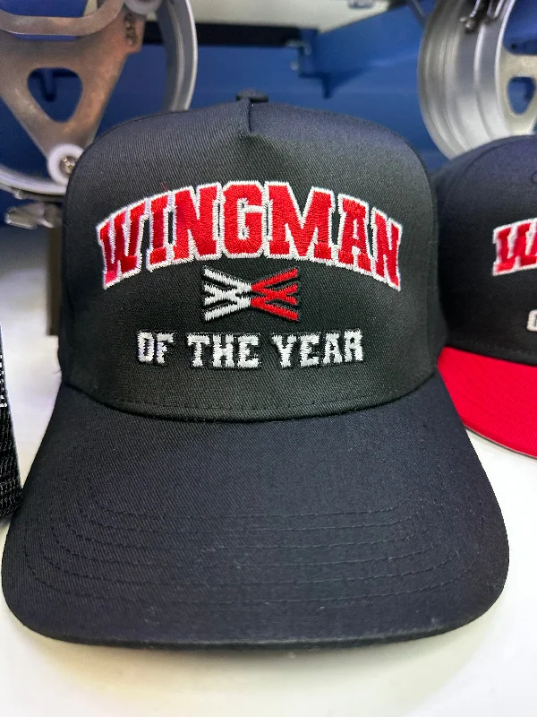 Beanies & headbands for snug fits-Wingman of the year on a black SnapBack Collab Wingman of the year Wotyofficial Custom Embroidered