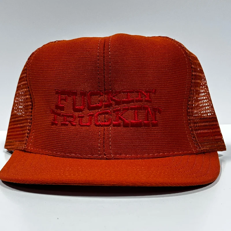 Beanies & headbands for braided looks-Fn Truckin red on Vintage Burnt Orange Mesh Trucker Snapback Hat Cap Custom Embroidery