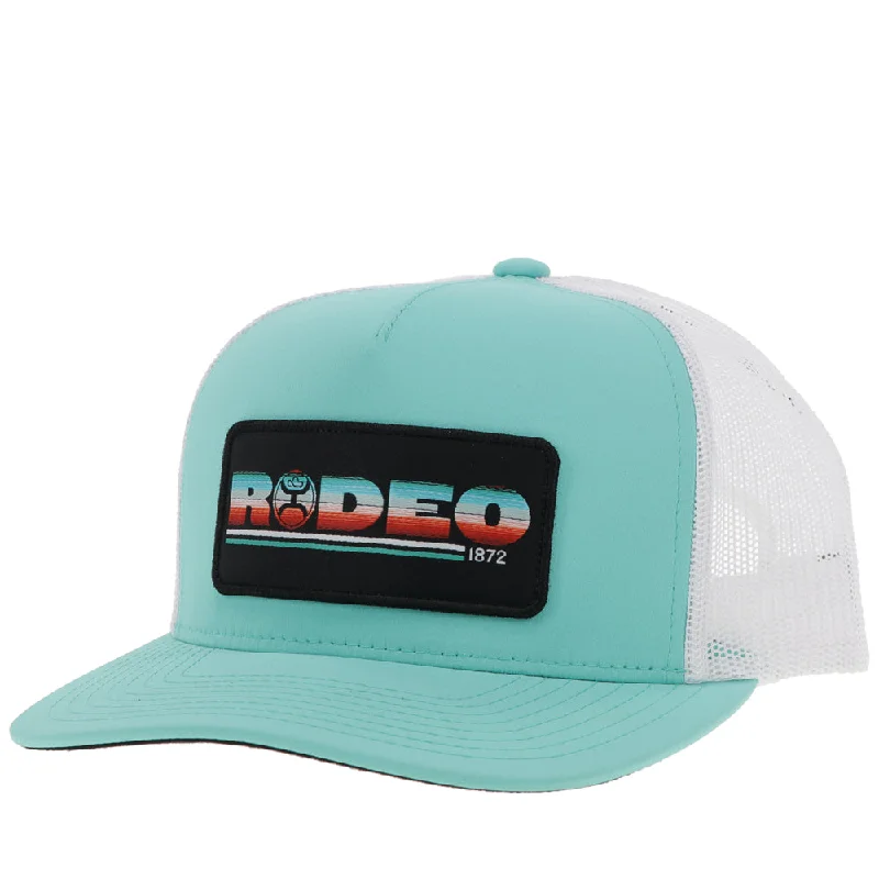 Beanies & headbands for hoodie vibes-"Rodeo" Hat Turquoise/ White w/Serape & Black Patch