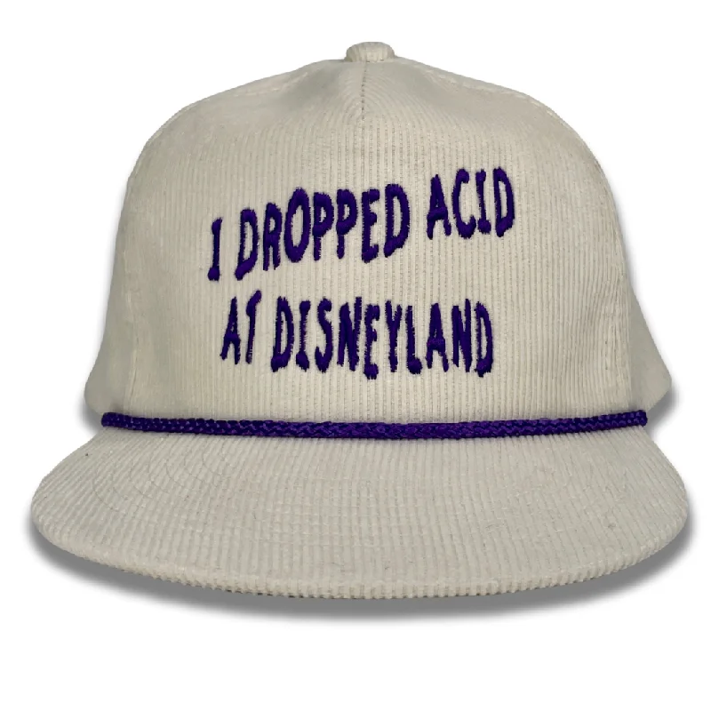 Beanies & headbands for pack fits-I dropped acid at Disneyland custom embroidered corduroy ￼white/purple Rope SnapBack