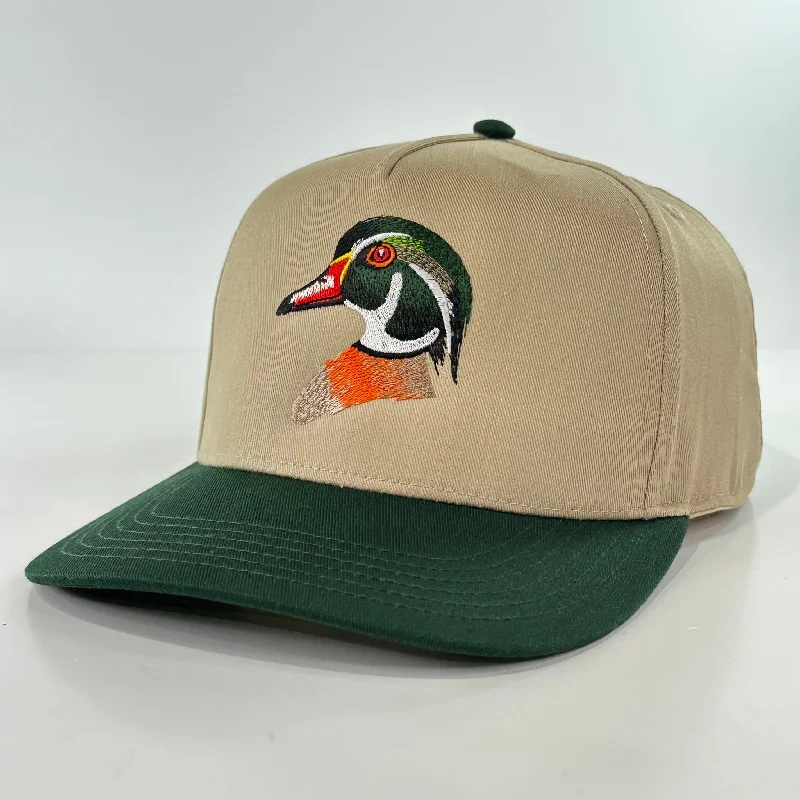 Beanies & headbands for country style-WOOD Duck on a tan crown green brim SnapBack Hat Cap Custom Embroidered