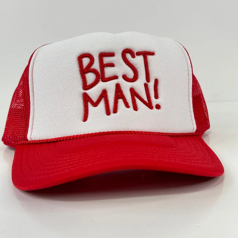 Beanies & headbands for sandal days-BEST MAN Red Mesh Trucker SnapBack Adjustable Cap Hat Custom Embroidered Collab Potent Frog