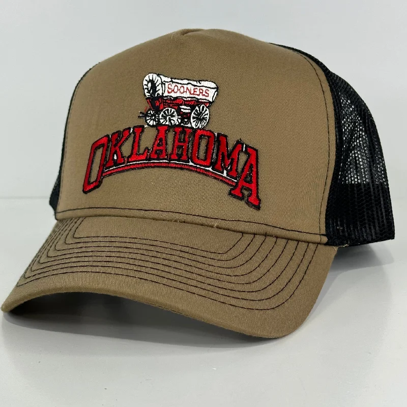 Beanies & headbands for name prints-Custom Oklahoma Sooners patch on a Tan and Black Mesh Trucker SnapBack Hat Cap