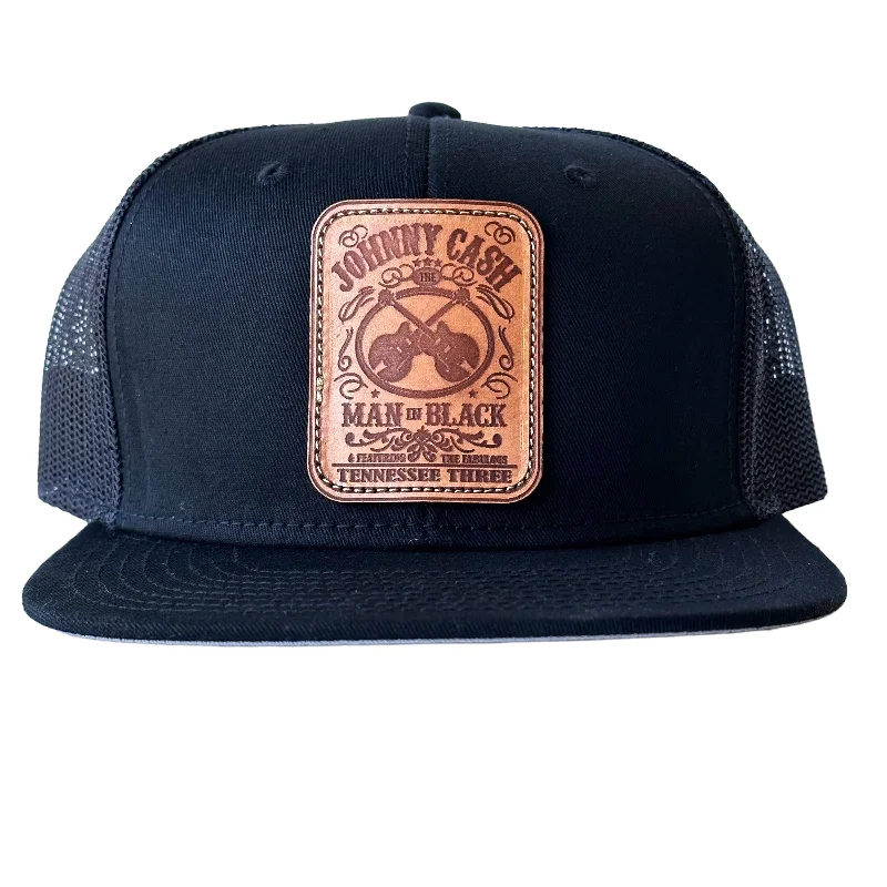 Beanies & headbands for custom teams-Leather Head Johnny Cash Leather Patch on a Mesh SnapBack Cap Hat