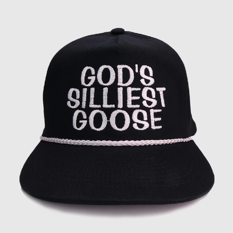 Beanies & headbands for rain guards-Gods Silliest Goose on a black SnapBack with white rope Hat Cap custom embroidery